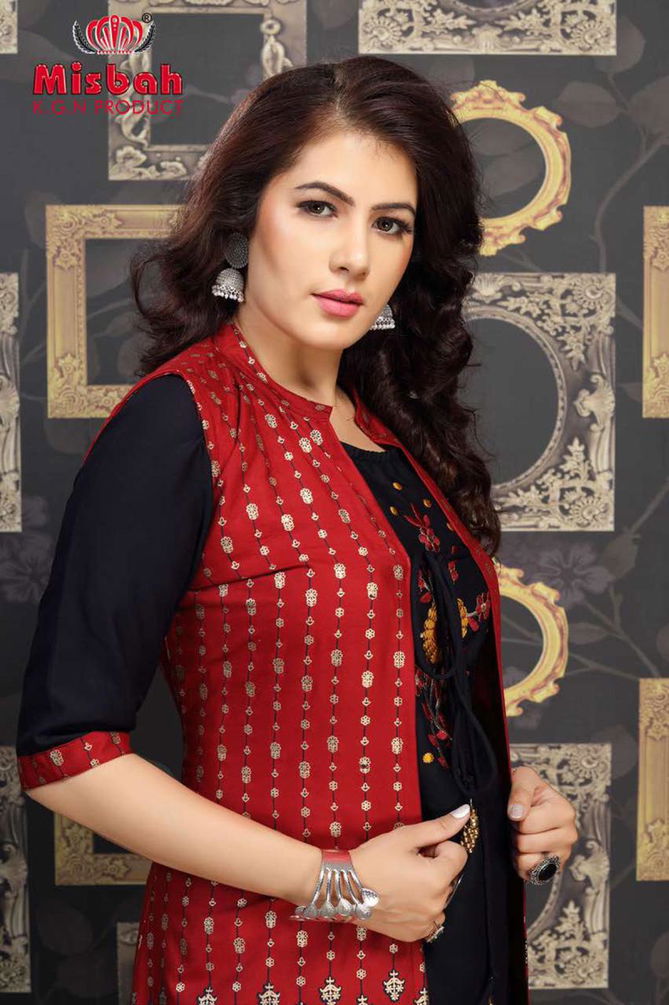 Misbah Nayantara 1 Designer Exclsive   Fancy Finest Quality Of Rayon Heavy Gold Print With Work With Jacket Kurti With Skirt Collection